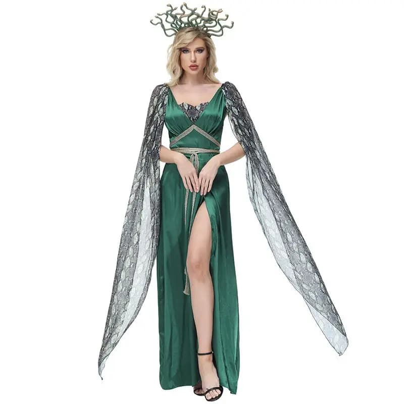 Medieval Underwater Dress for Halloween, Long Dark Green Dress with Snake Print, Legendary Mermaid Costume Medusa