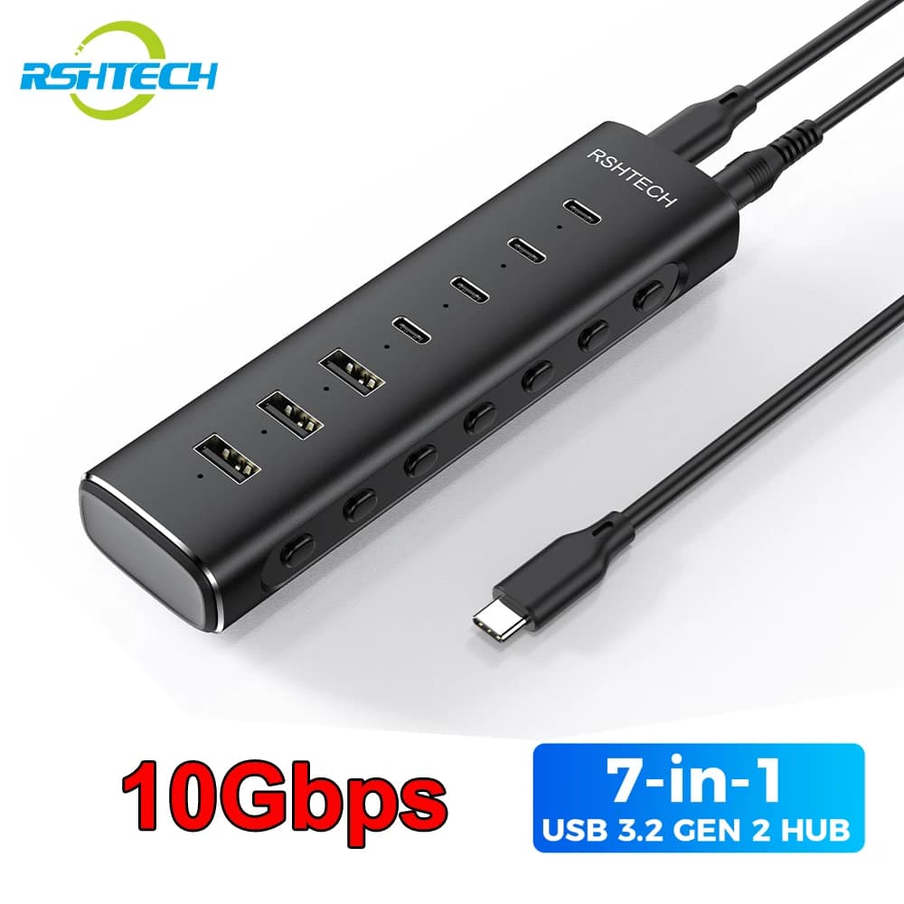 RSHTECH USB 3.2 Hub Splitter 7-IN-1 Trasferimento dati 10 Gbps con interruttori tattili individuali Docking Station per computer portatile