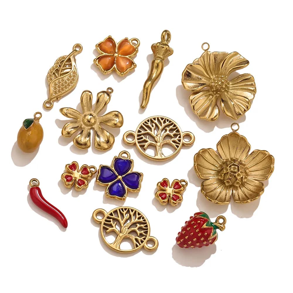 2/4/5 pieces stainless steel flower strawberry charms diy chili fruit pendant jewelry connector necklace creation accessories