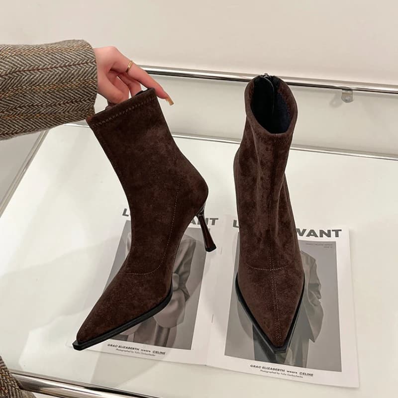 Stivaletti con tacco alto da donna a punta eleganti scarpe da ballo da festa 2026 nuove stivaletti corti slim elasticizzati da donna primavera autunno