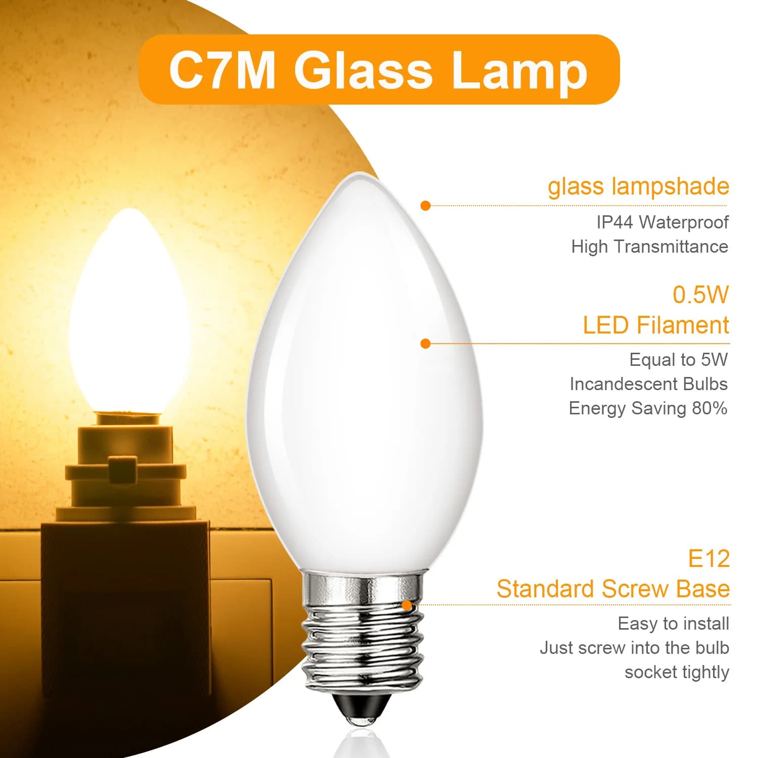 C7 White Glass LED Light Bulb E14 Warm White 2700K Candle Bulbs 0.5W Night Replacement Lights for Indoor Candles Chandeliers