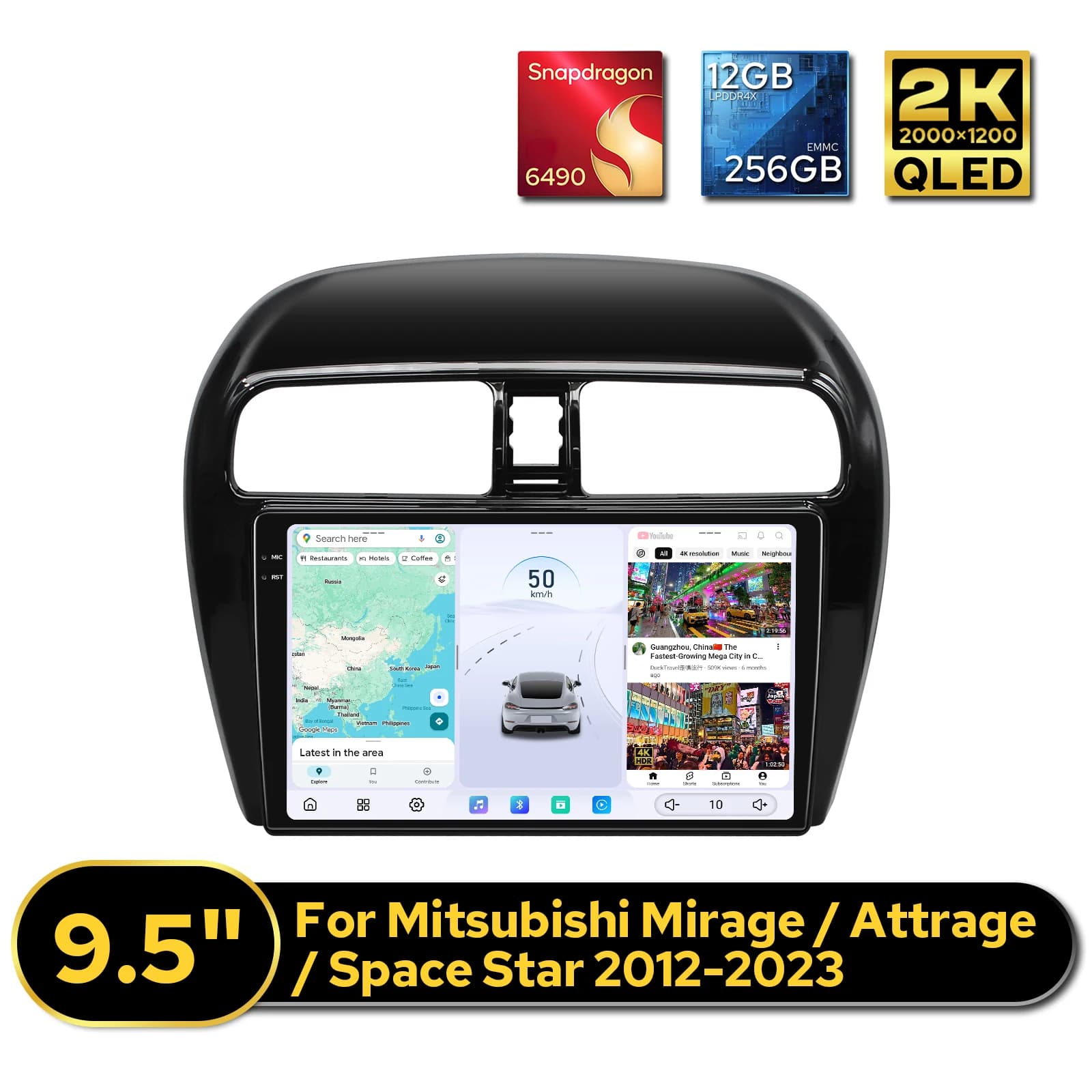 Autoradio Android JOYING da 9,5 pollici per Mitsubishi Mirage/Attrage/Space Star 2012-2023, 12GB+256GB, CarPlay wireless, HDMI