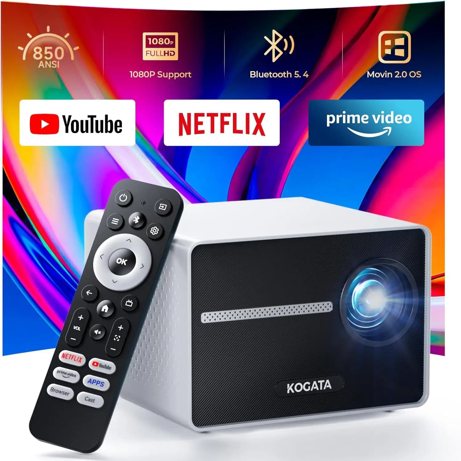 Mini Proiettore Portatile con WiFi e Bluetooth, 850ANSI HDR10 1080P HD, Messa a Fuoco Elettrica e Correzione Trapezoidale 4D per Home Theater e Uso Esterno