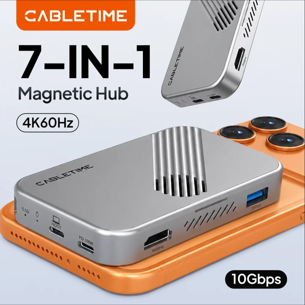 CABLETIME USB C Hub 7 in 1 Magnetic phone Hub with SSD enclosure for iPhone 17 16 15 Pro Max MacBook Pro Air iPad Pro