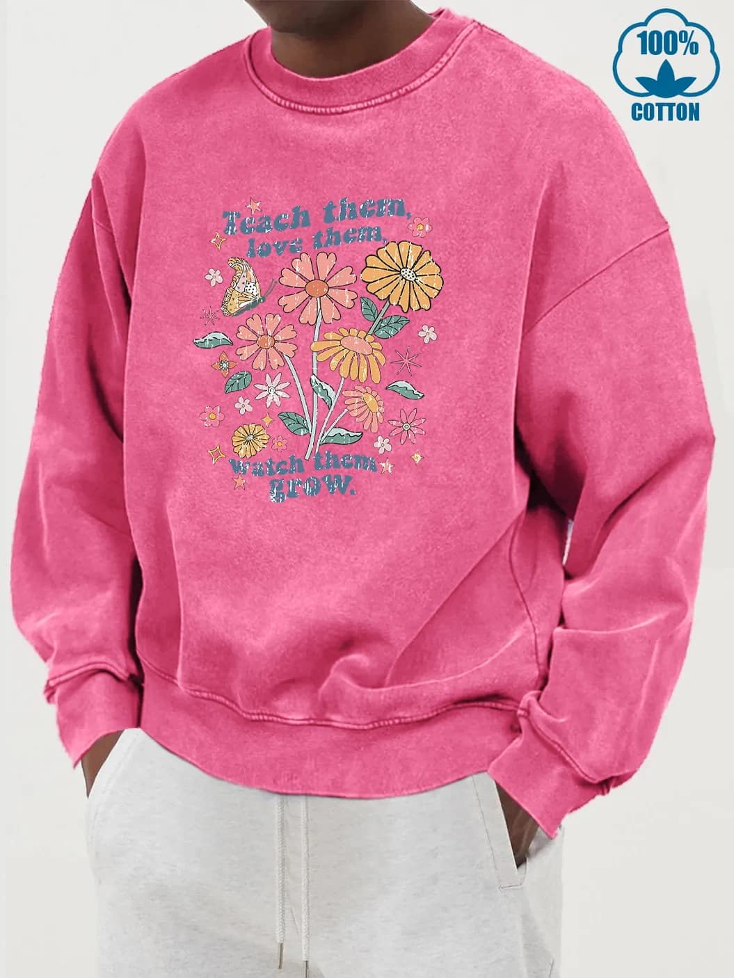 Insegnare, l'amore, guarda la crescita modello da uomo in cotone lavato streetwear autunno felpa girocollo moda casual felpa con cappuccio morbida allentata