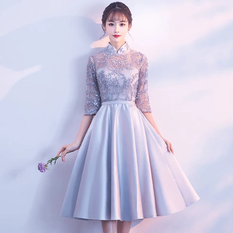 Grey Maidsmaid Dress Elegant Sister Style Korean Version Mid-Length Fashionable Polyester Fiber A-Line Skirt Wedding Guest Dress