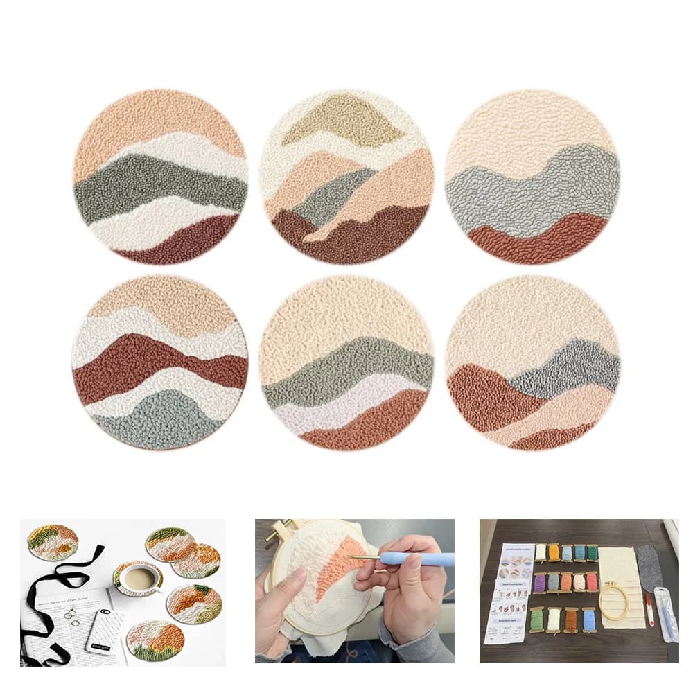 DIY 6pcs Punch Needle Embroidery Set Landscape Pattern Coaster Tufted Rug Pads for Beginners Adults Coaster Holder Art Craft