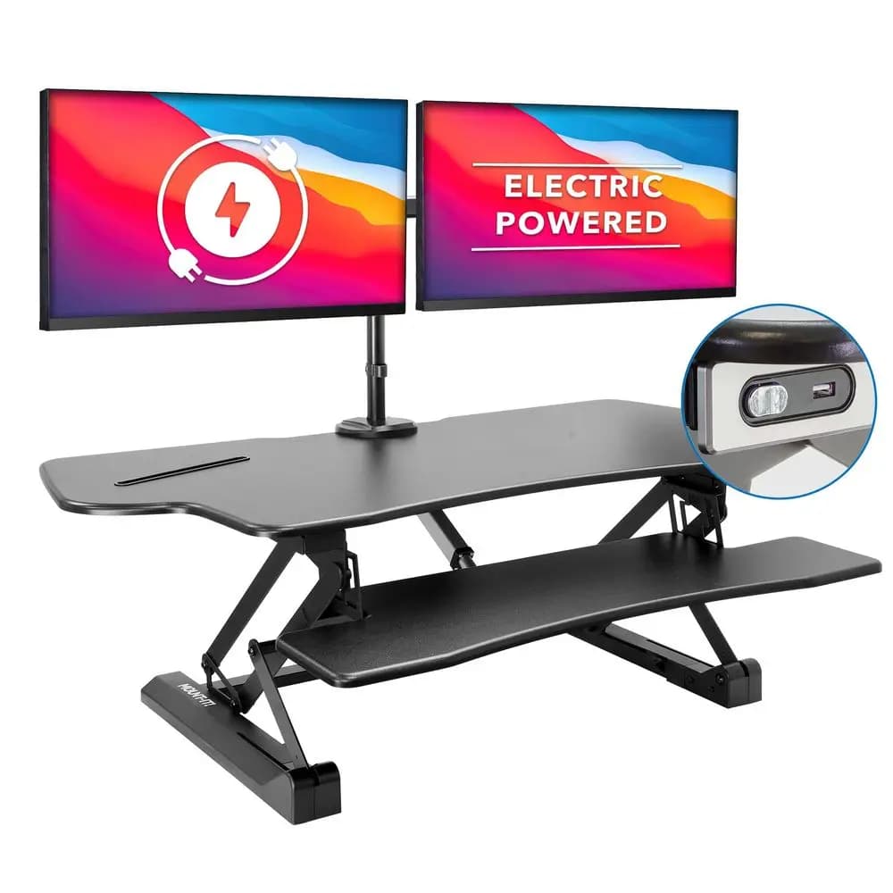 Convertitore per Scrivania Elettrica Regolabile in Altezza con Doppio Braccio per Monitor, Supporto per Scrivania XLarge da 47,2 Pollici di Larghezza, Rialzo Elettrico per Scrivania con Supporto per Monitor