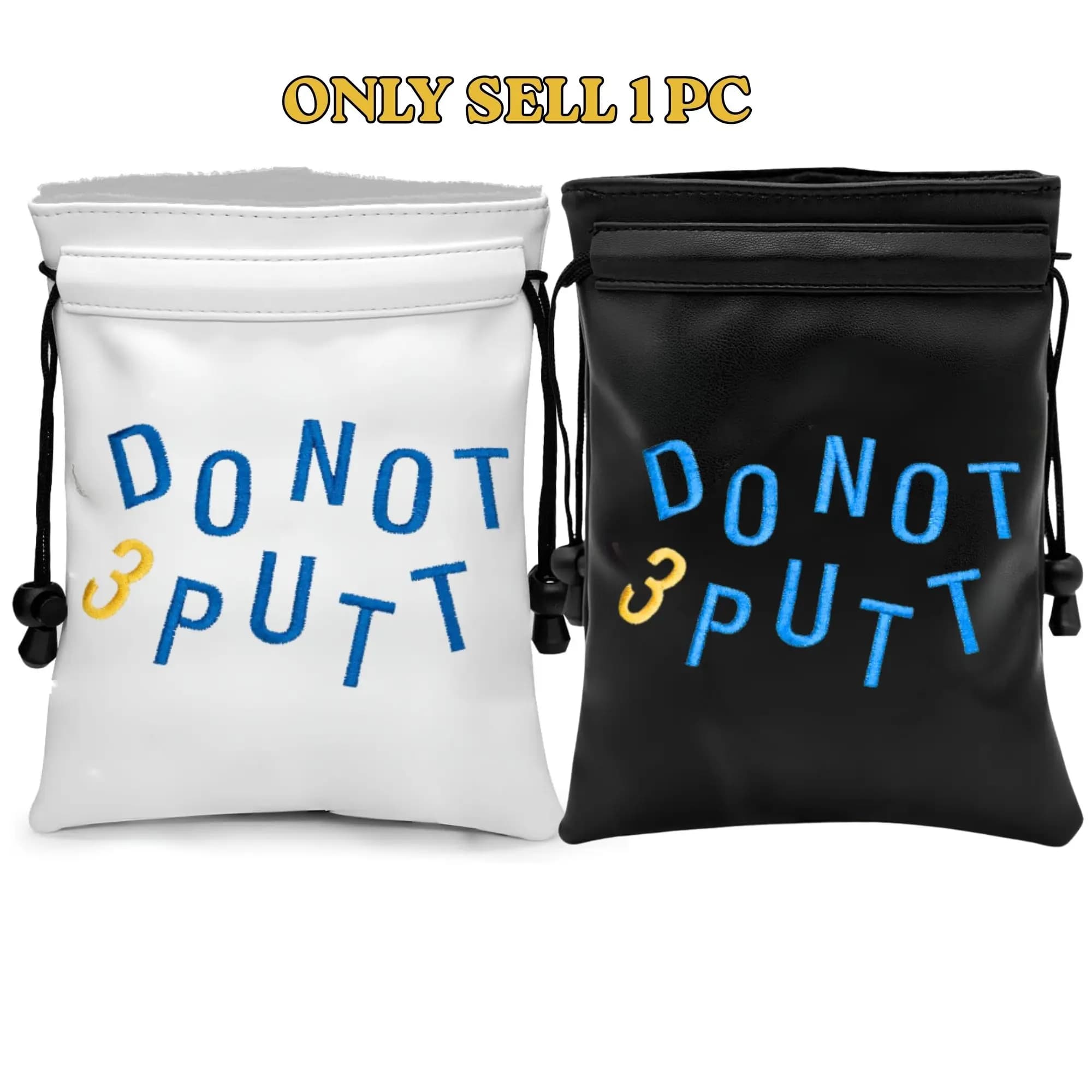 Borsa portaoggetti per palline da golf e oggetti di valore, sacchetto nero con coulisse e design DON'T PUTT in blu/giallo, organizer portatile e resistente