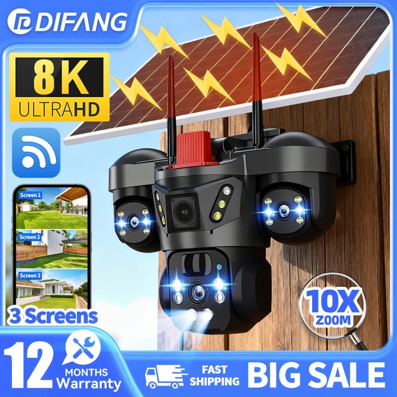 DIFANG V380 Pro Outdoor PTZ 8K WIFI 4G Telecamera solare Sicurezza domestica Telecamera a tripla lente Pannello solare CCTV Videocamera di sorveglianza