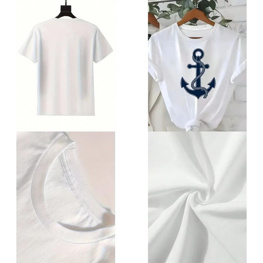 【Nuovo stile】T-shirt da donna con grafica a forma di ancora nautica - Maglietta marittima bianca e blu navy in tessuto morbido e traspirante per la navigazione in spiaggia