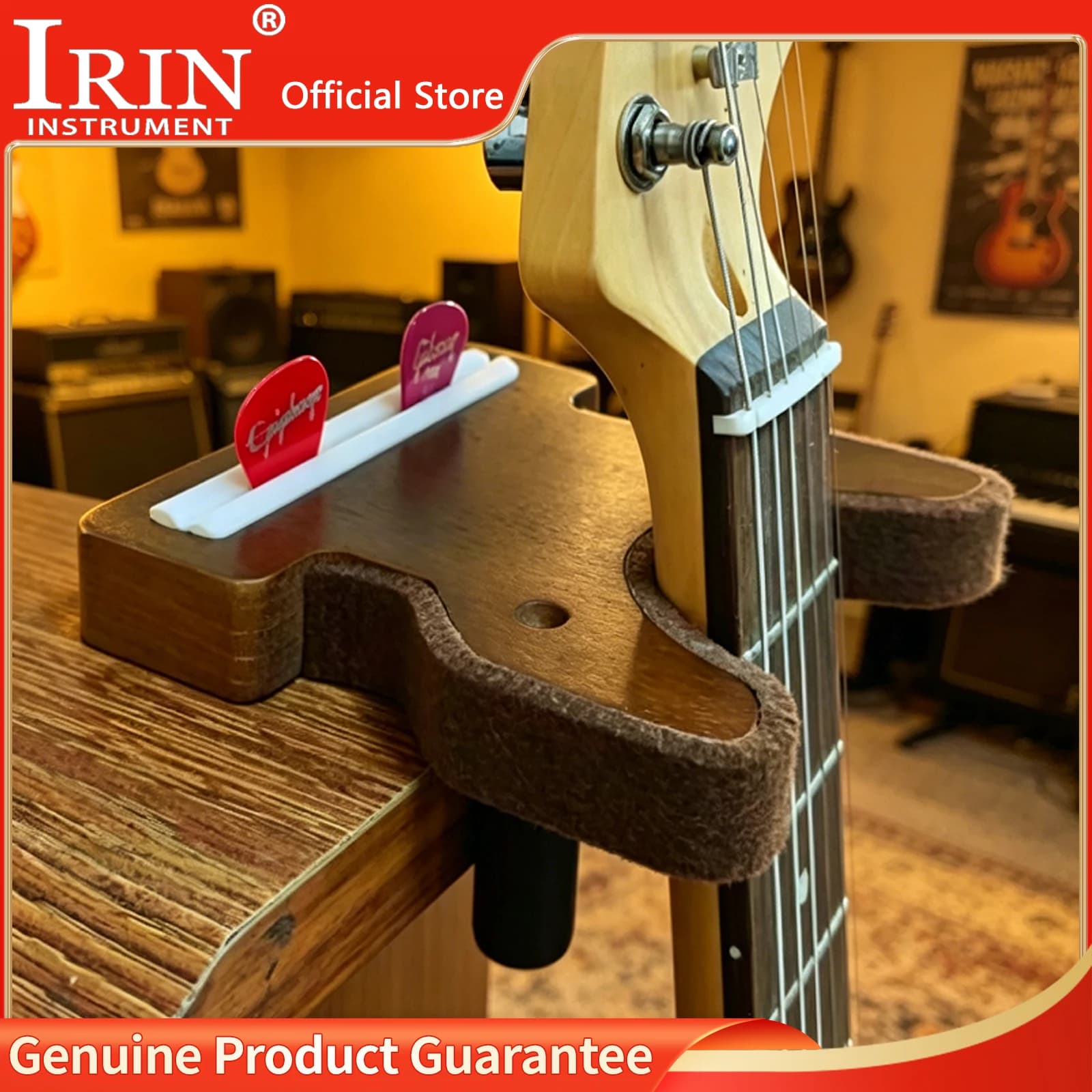 IRIN Guitar Pick Box Holder Stand Oak Wood Dark Red Soft Felt Anti Slip Storage Case For Acoustic Electric Guitar Ukulele