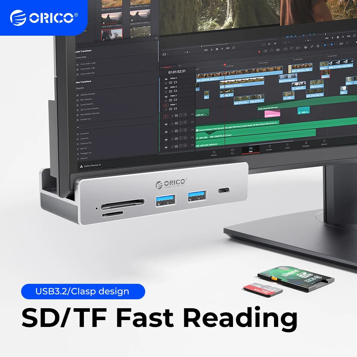ORICO-USB 3.2 Hub espansione a 6 porte con connettore di alimentazione, protocollo da 10Gbps, trasmissione ad alta velocità, SD, scheda TF, lettura rapida