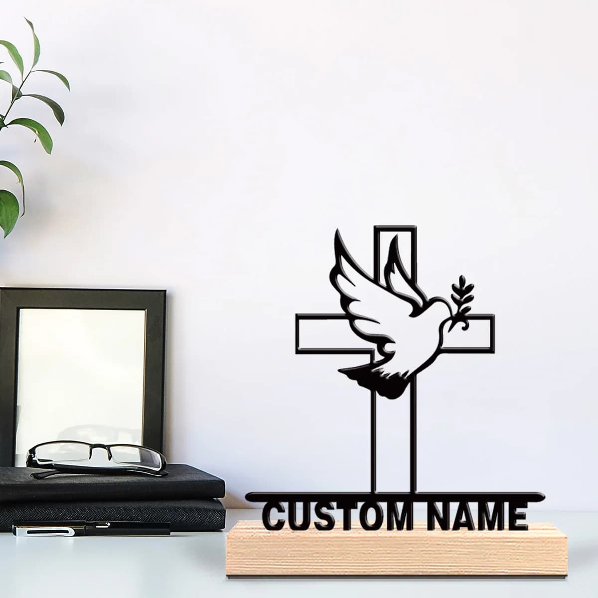 Custom Metal Statue with Cross and Dove of Peace, Table Decoration with Wood Base, Rustic Style Wall Furniture