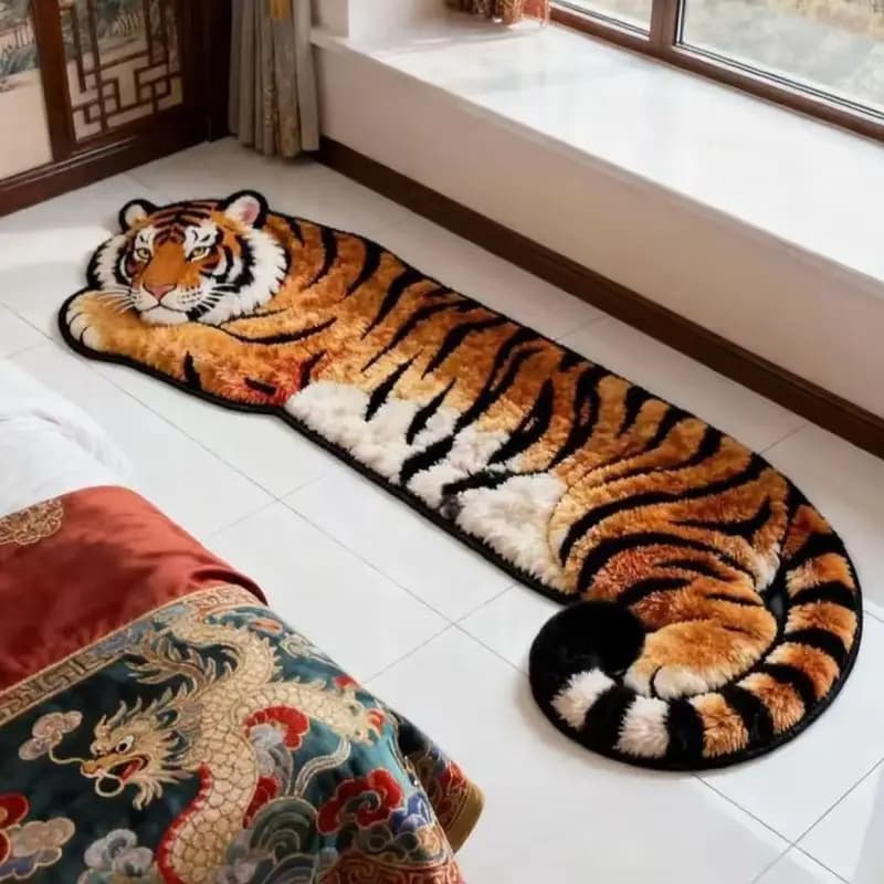 VIKAMA 3D Realistic Tiger Shape Runner Rug Fluffy Soft Non Slip Long Floor Mat Bedroom Bedside Animal Home Decor