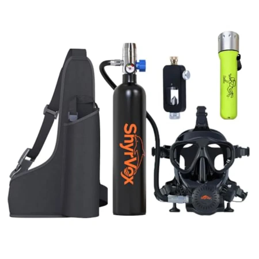 Set maschera subacquea portatile per snorkeling, allenamento in piscina, fornitura d'aria di emergenza: bombola in alluminio da 1L, maschera subacquea integrale.