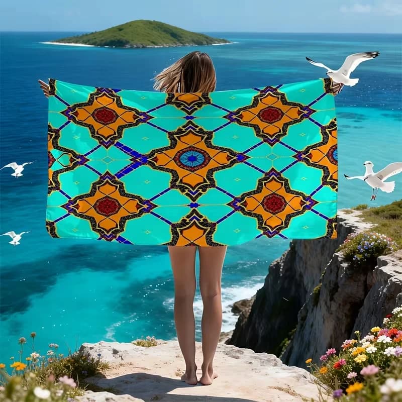 Telo Mare con Motivo Piastrelle Marocchine, Stampa Geometrica Vibrante, Asciugatura Rapida, Anti-Sabbia, Assorbente, per Spiaggia, Viaggi e Vacanze