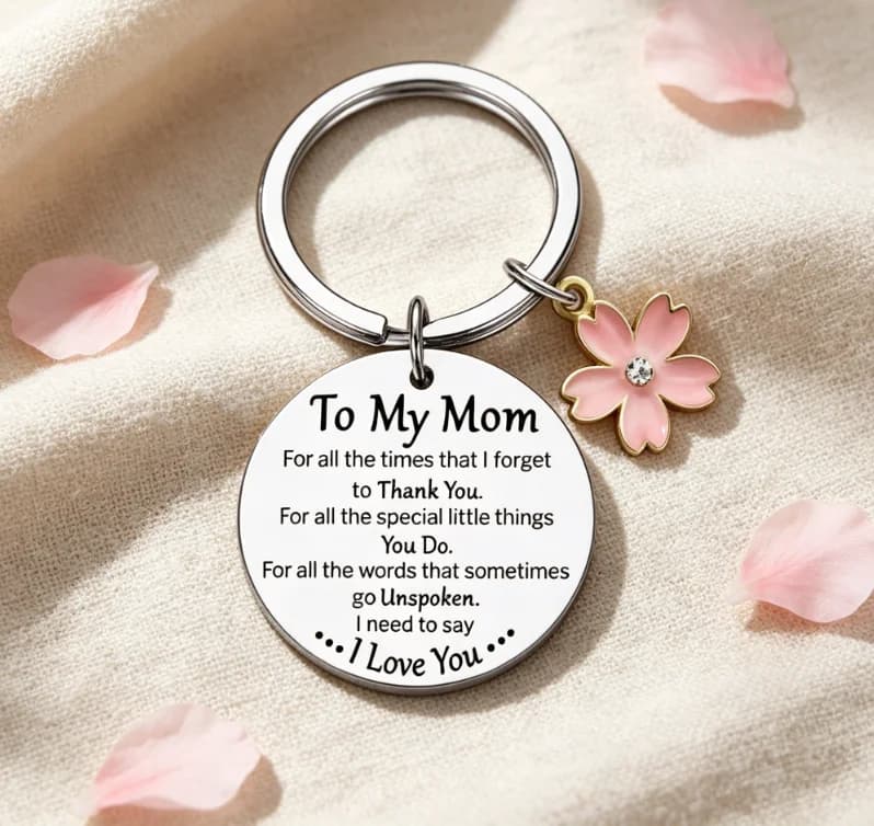 To My Mom Engraved Stainless Steel Round Keychain with Pink Rhinestone Cherry Blossom Charm Mother's Day Gift Key Ring for Mom