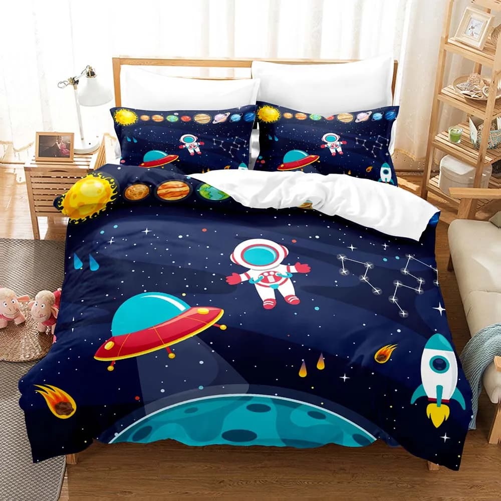 Space-themed Astronaut & Rocket Three Piece Bedding Set Luxury Comforter Set with Queen King Size Including pillowcase Anime