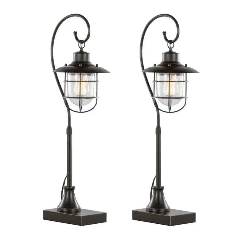 Set di 2 lampade da lavoro contemporanee in metallo, altezza 33", finitura bronzo lucidato a olio, paralume in vetro trasparente, design moderno per l'home office