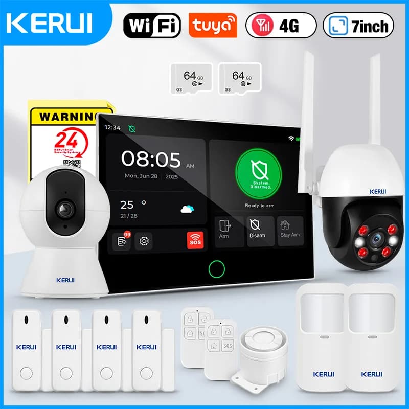 KERUI Tuya WiFi + sistema di allarme domestico 4G con pannello touch screen grande da 7 pollici Set di allarme FSK / ASK per la protezione della sicurezza domestica G70
