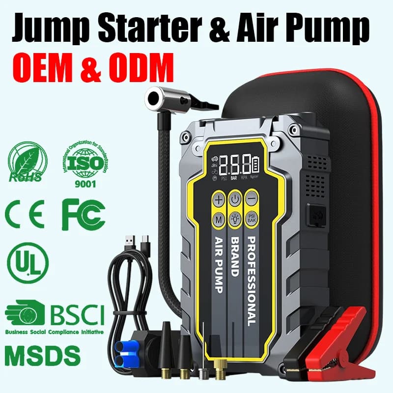Avviatore di Emergenza Portatile 12V per Auto con Gonfiatore Pneumatici, Uscita USB e Luce LED di Emergenza per Assistenza Stradale 21700 18650