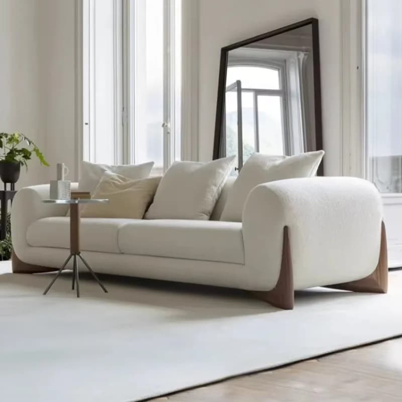 Divano da soggiorno bianco Divano componibile a 2 posti Divani imbottiti scandinavi in tessuto di lana d'agnello con gambe in legno massello