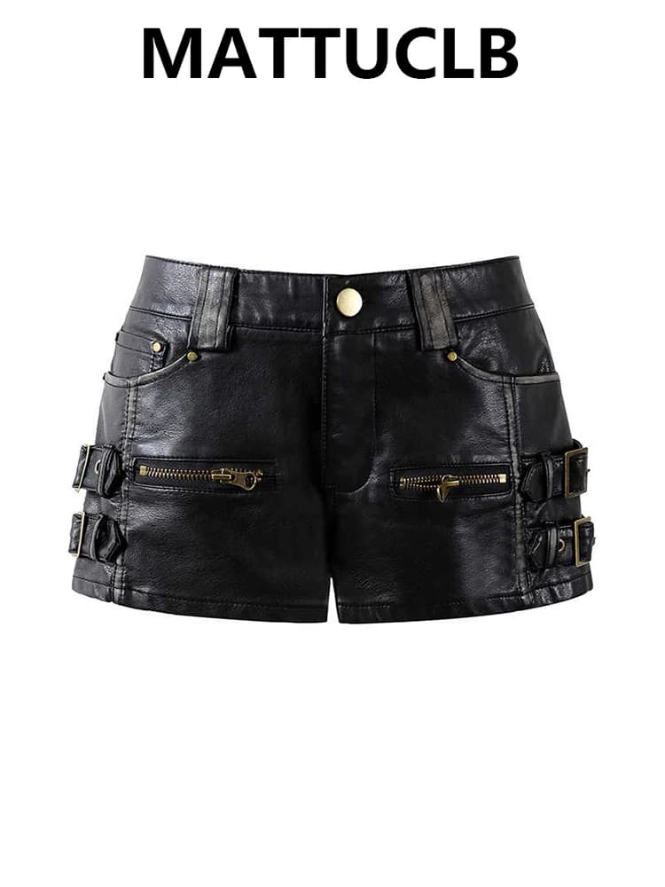 2025 Autumn Winter Women American Retro Low Rise Shorts 2000s Pu Faux Leather Hot Pants Y2K Streetwear Harajuku Coquette Gyaru