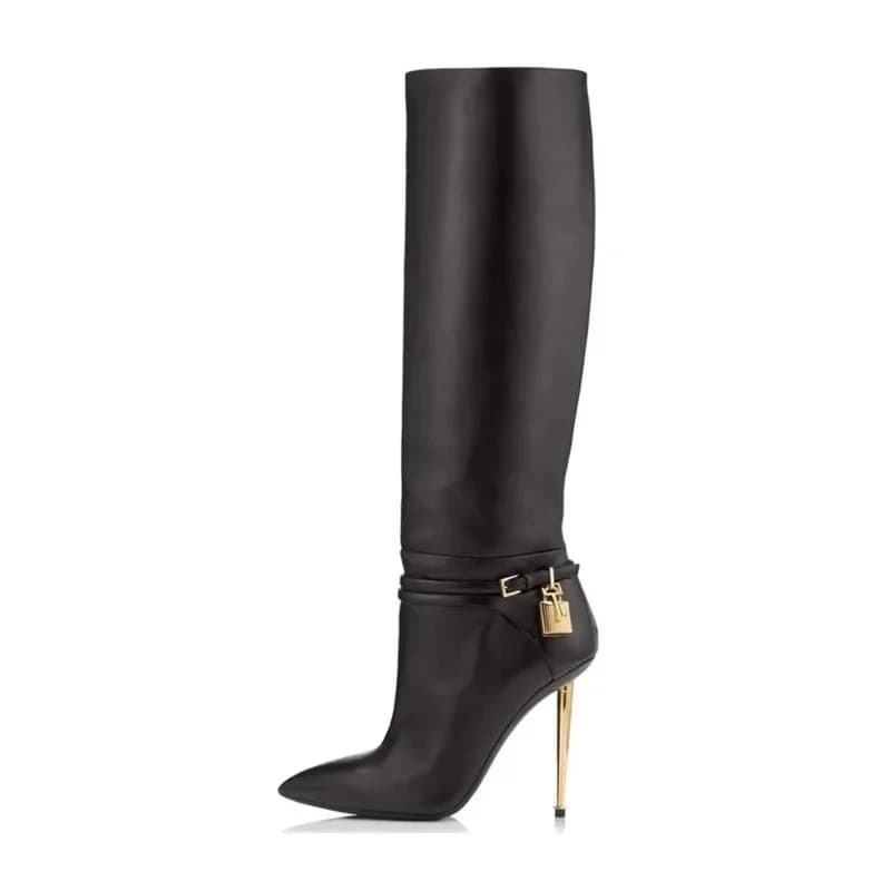 Women's Sexy Metal Boots Autumn Winter New high heel in gold with pointed belt buckle Long fashion boots size 34-43