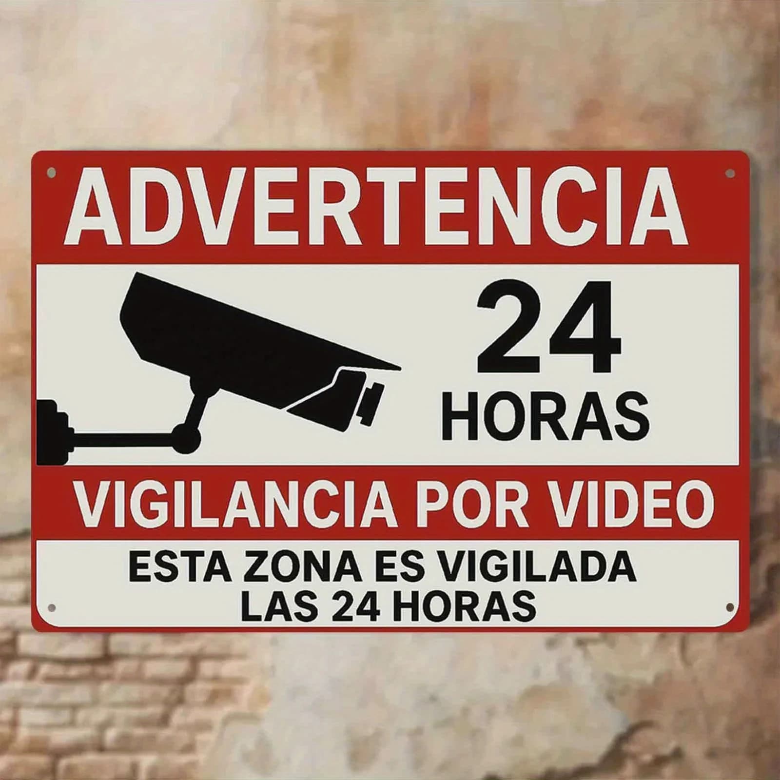Cartello in metallo con avviso in spagnolo - "Attenzione pubblicitaria: Video 24 ore su 24" - Segnale di monitoraggio telecamere di sicurezza per casa, ufficio, negozio