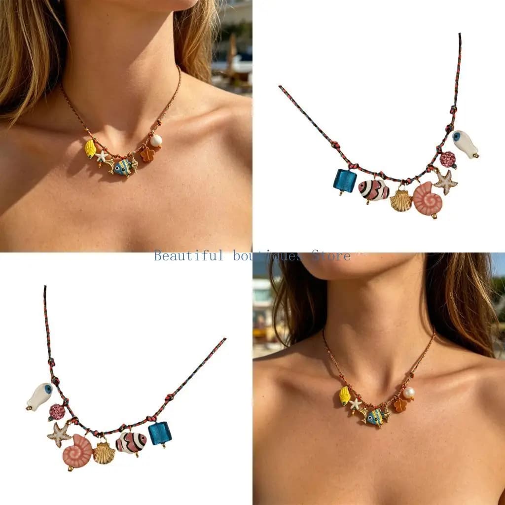 U4LF Beach Themed Necklace Braided Cord Coastal Clavicle Chain With Ceramic Marine Details for Summer Daily Styling and Beach