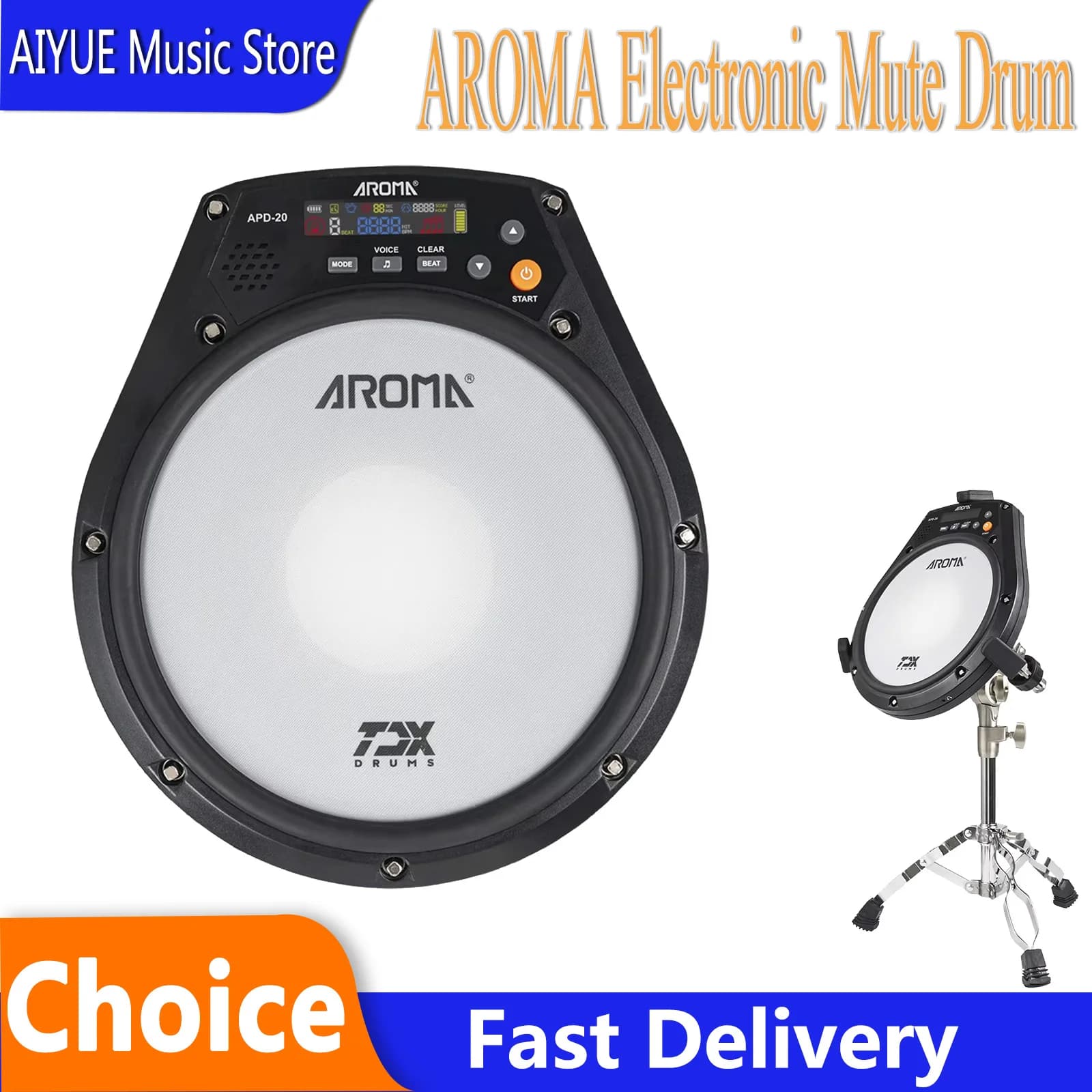 AROMA Pad per Batteria Elettronica Silenziosa da 8 Pollici APD-20, Strumento a Percussione, Pad per Batteria Elettronica, Metronomo Vocale per Allenamento