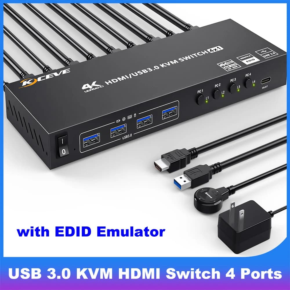 Switch HDMI KVM KCEVE 4K 4 porte, selettore KVM USB 3.0 con supporto emulatore EDID Risoluzione 4K a 60 Hz per 4 computer