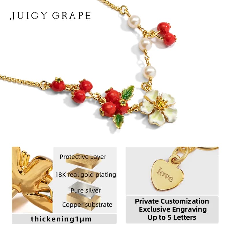 Collana con fiori di biancospino e frutta - Ciondolo in smalto placcato oro 18 carati su catena delicata | Regalo di gioielli per l'anniversario simbolico