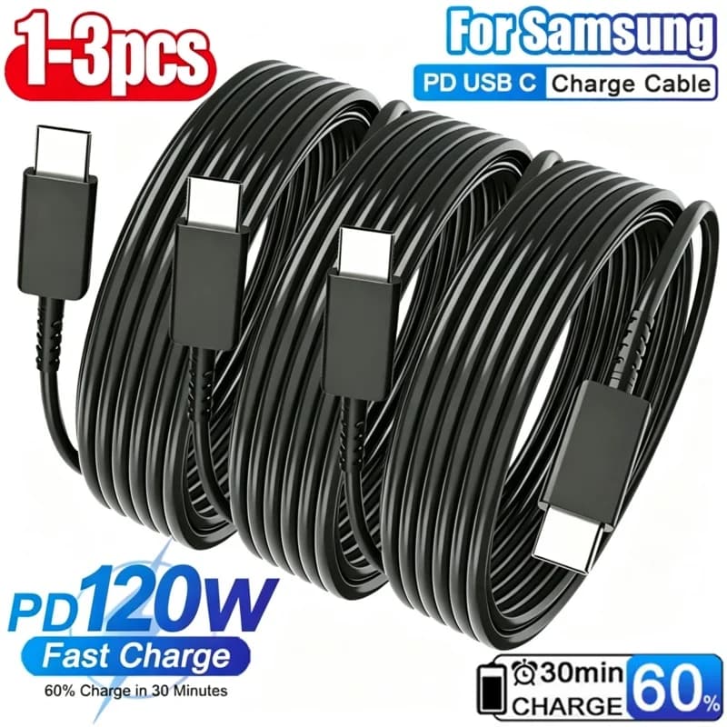 PD 120W USB Type C to C Fast Charge Cable for Samsung Galaxy S22 S23 S24 S25 Plus Note Ultra A53 A54 Charging Data Cable 3/1Pcs