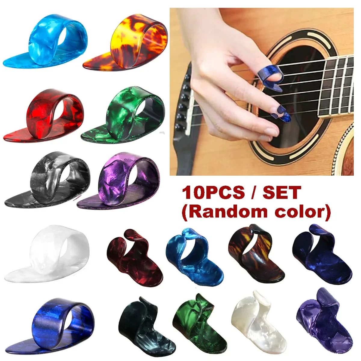 10pcs Celluloid Guitar Finger Picks Thumb/Index Sizes Fingerstyle Protector Anti-Slip Design Bass Acoustic/Electric Guitar