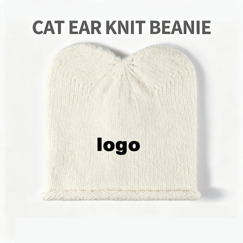 Custom Logo Plush Cat Ear Knit Beanie Women Wool Blend Soft Thick Solid Warm Cute Winter Thermal Outdoor Stretch Skull Hats Caps
