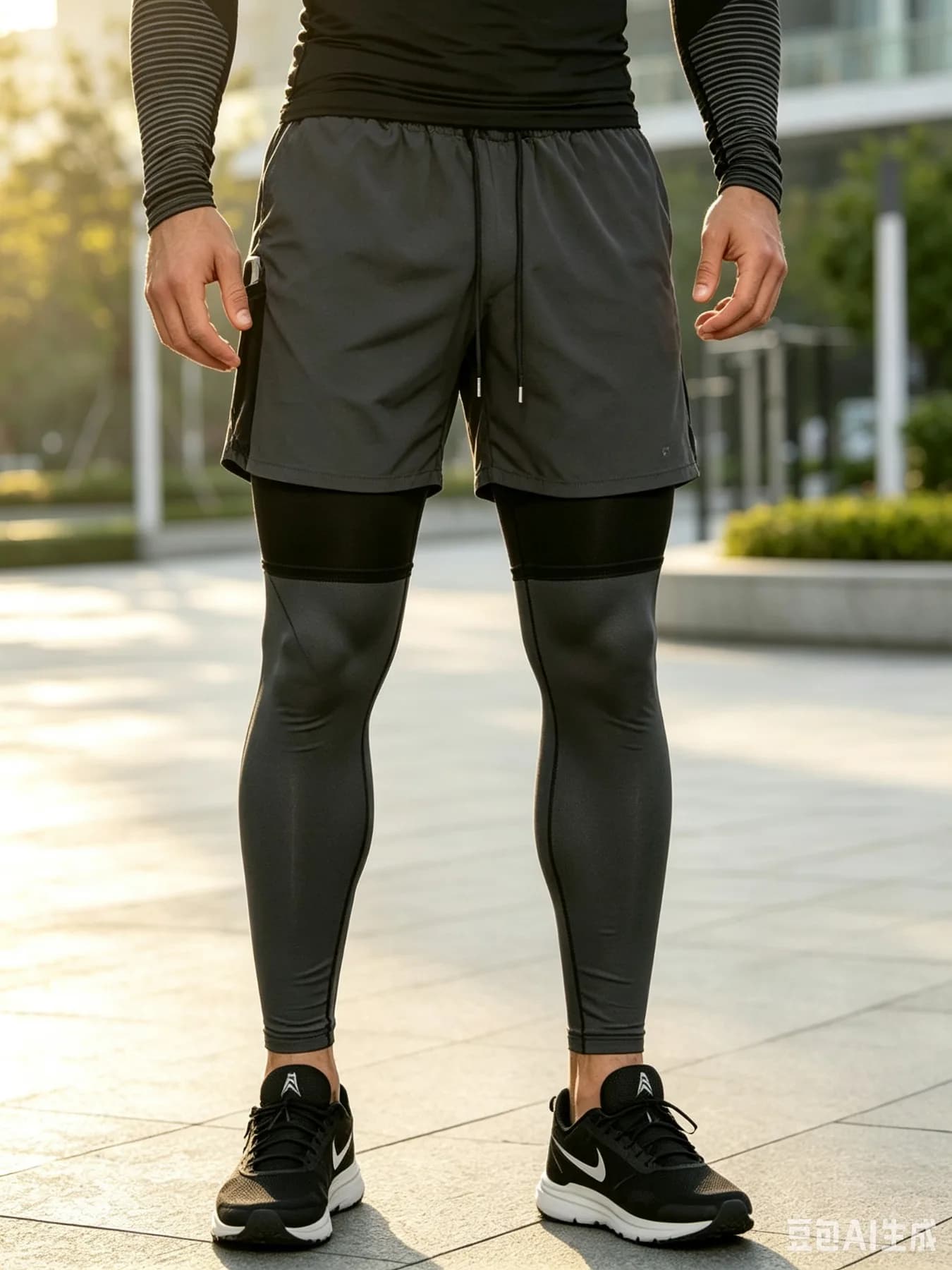 Men 2-in-1 Double Layer Workout Pants Quick Dry Breathable High Elastic Compression Leggings Zipper Pocket Drawstring LooseShort