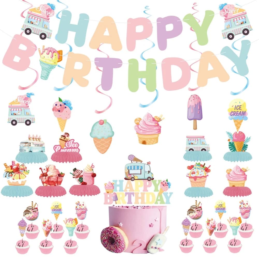 Decorazioni per feste di compleanno a tema gelato, striscione di buon compleanno dolce e divertente, spirali appese a forma di ghiacciolo estivo e decorazioni per torte