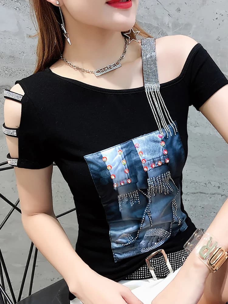 Summer 2024 Sexy Fashionable Cotton T-Shirt Glitter Heavy Embroidery Short Sleeve Women's Street Style Top Trendy Chain Detail
