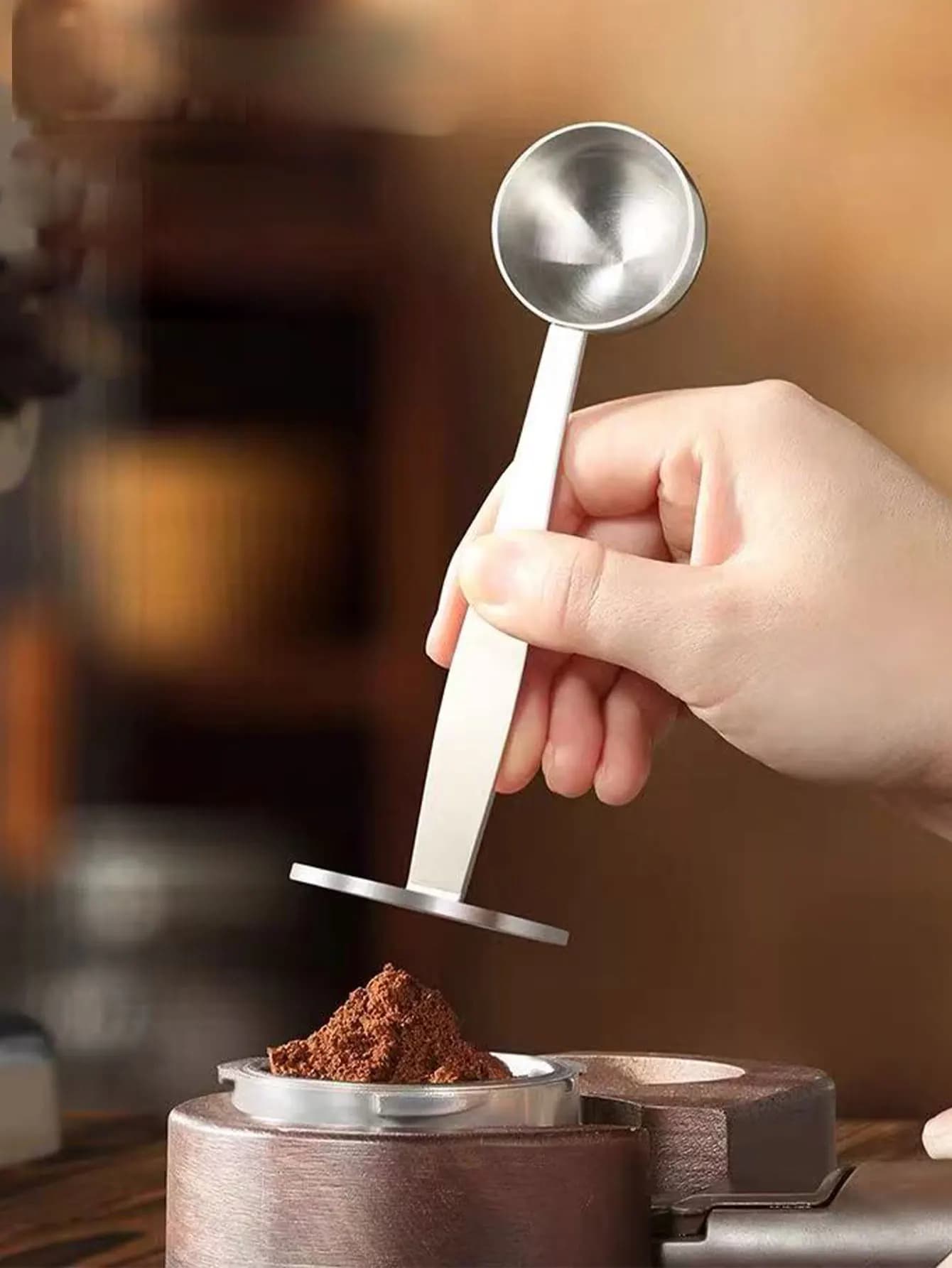 Stainless Steel Measuring Spoon, Coffee Powder Dosing Spoon, Two-In-One Coffee Tamper, Moka Pot Coffee Machine Powder Hammer, 1 Piece