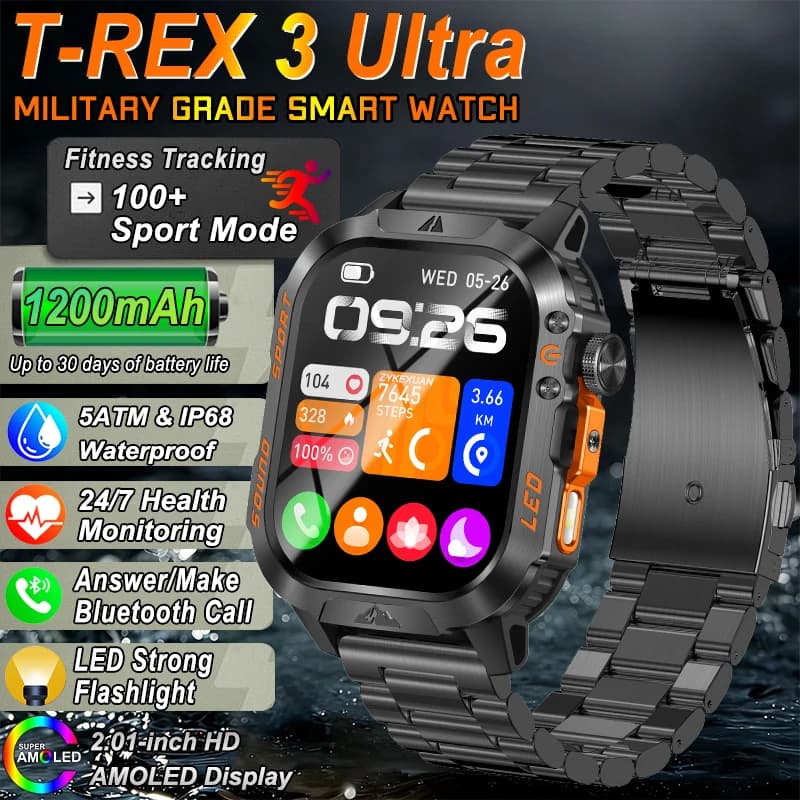 Nuovo Smartwatch Militare 2026 con Batteria da 1200 mAh, Tracker Fitness per Uomo, Cardiofrequenzimetro, Impermeabile 5ATM, Compatibile con iOS e Android