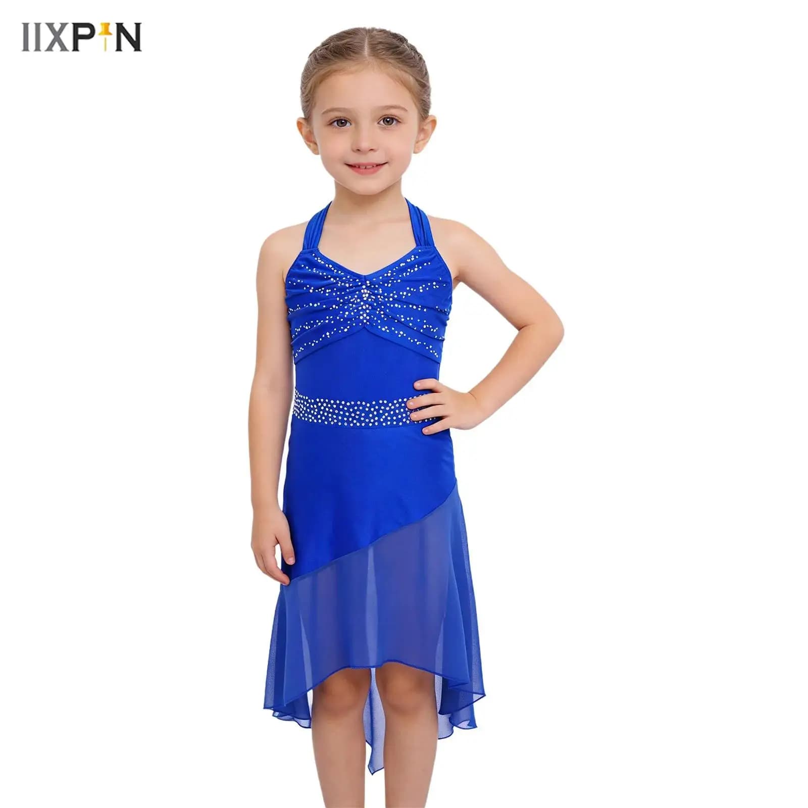 Abito da ballo latino per bambina, senza maniche, con incrocio sul retro, strass lucidi, corpetto increspato, orlo alto e basso, abito in chiffon, abito da pattinaggio su ghiaccio