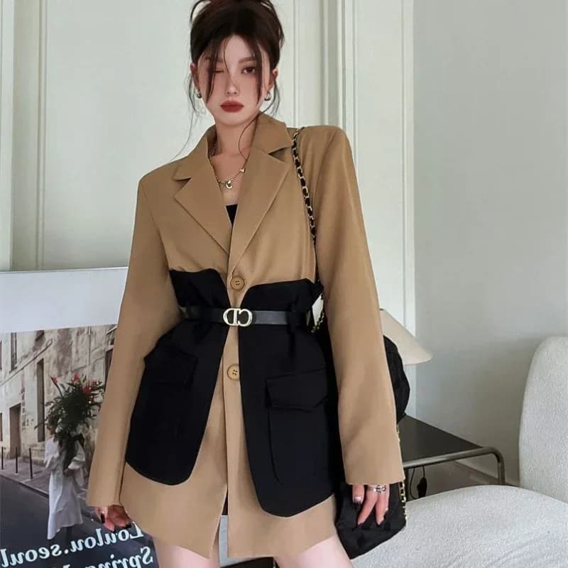 2025 Blazer donna moda nuova tasca ampia impiombata giacca coreana monopetto Mujer donna con cintura
