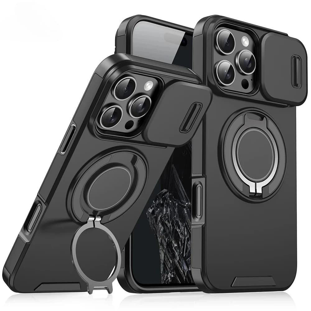 Custodia robusta con supporto ad anello magnetico per impieghi gravosi per iPhone 16 E 15 14 13 12 11 Pro Max Plus Protezione per fotocamera scorrevole per copertura Magsafe