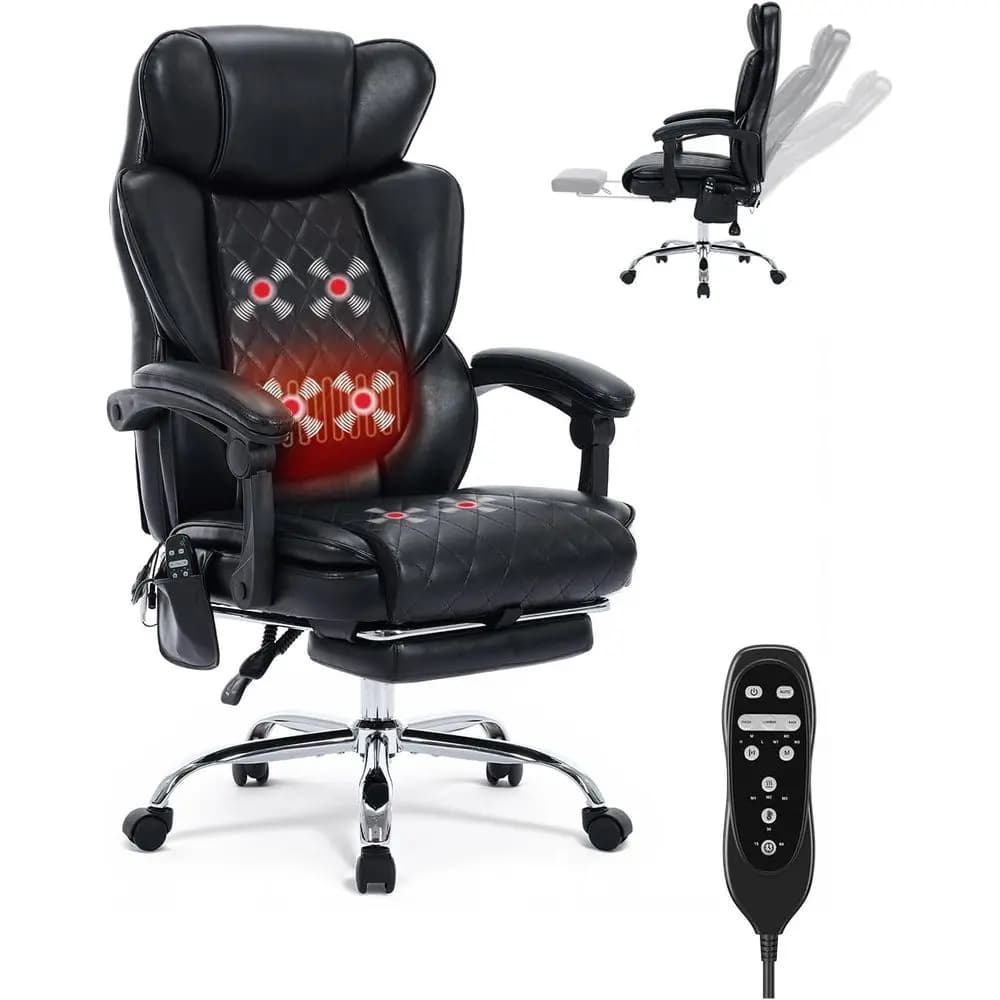 Ergonomic Massage Chair with Footrest, Vibration, Heat, Wide for Big and Tall, Reclining Office Gaming Chair, Black
