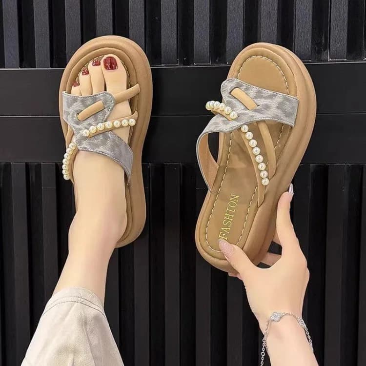 Light Green Jacquard Pearl Decor Platform Flip Flops Women Cross Strap Thick Sole Slide Thong Sandals