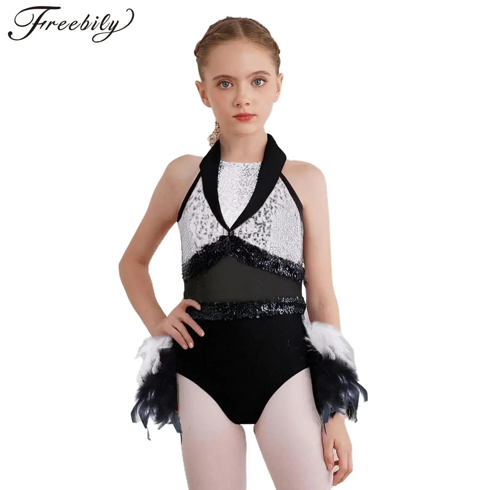 Ragazze Pattinaggio di Figura Costume di Ballo Jazz Paillettes Lucide Senza Maniche Body di Piume Latino Cha-cha Ginnastica Performance Dancewear