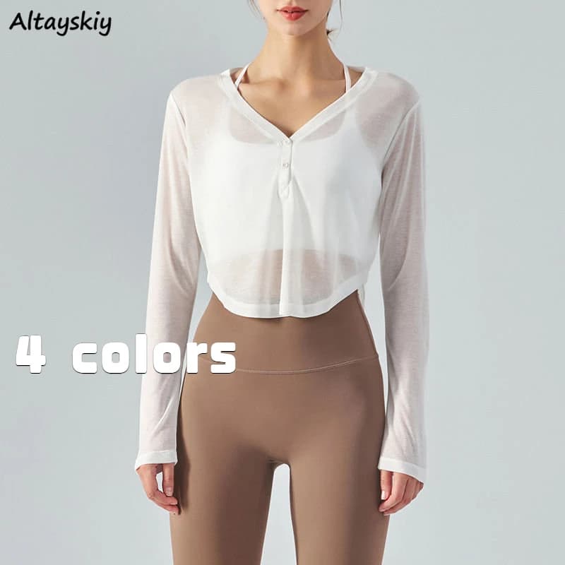 T-shirt a maniche lunghe Donna Primavera Top trasparenti All-match Allenamento accogliente Semplice Basic Estate Crop Abbigliamento donna Scollo a V a prova di sole