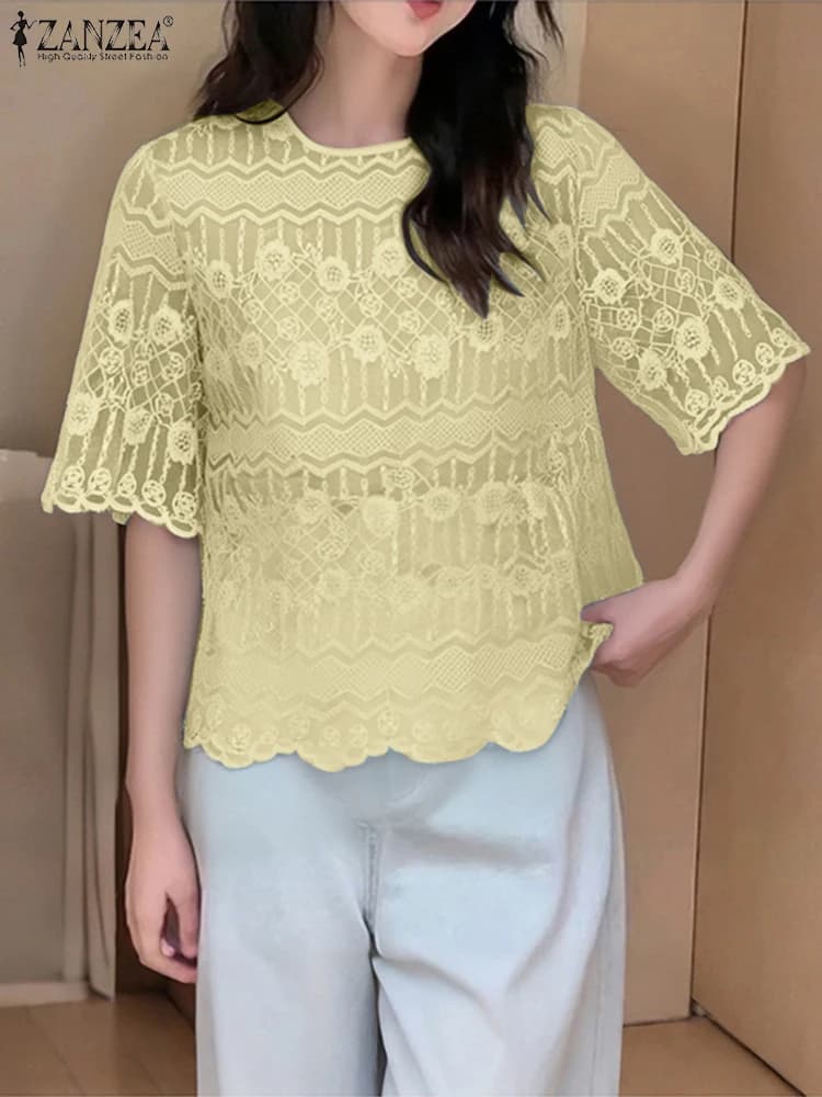 ZANZEA 2025 Summer Lace Blouse Woman Half sleeve Casual patchwork shirts Fashion elegant Office Lady OL Top Tunica Blusas loose